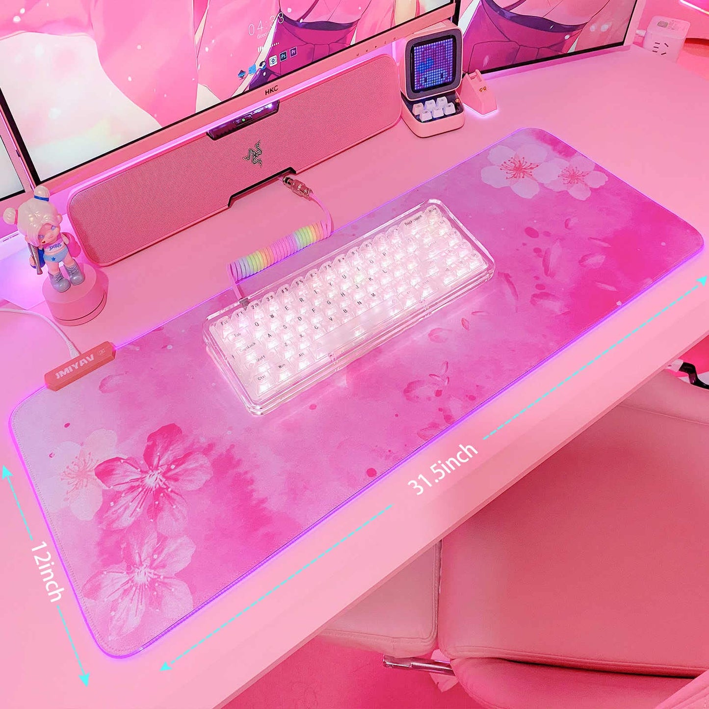 JMIYAV RGB Cherry Blossom Gaming Mouse Pad, 31.5x12 Inch, Pink, XL Large, Non-Slip Rubber Base, Glowing LED Light Up