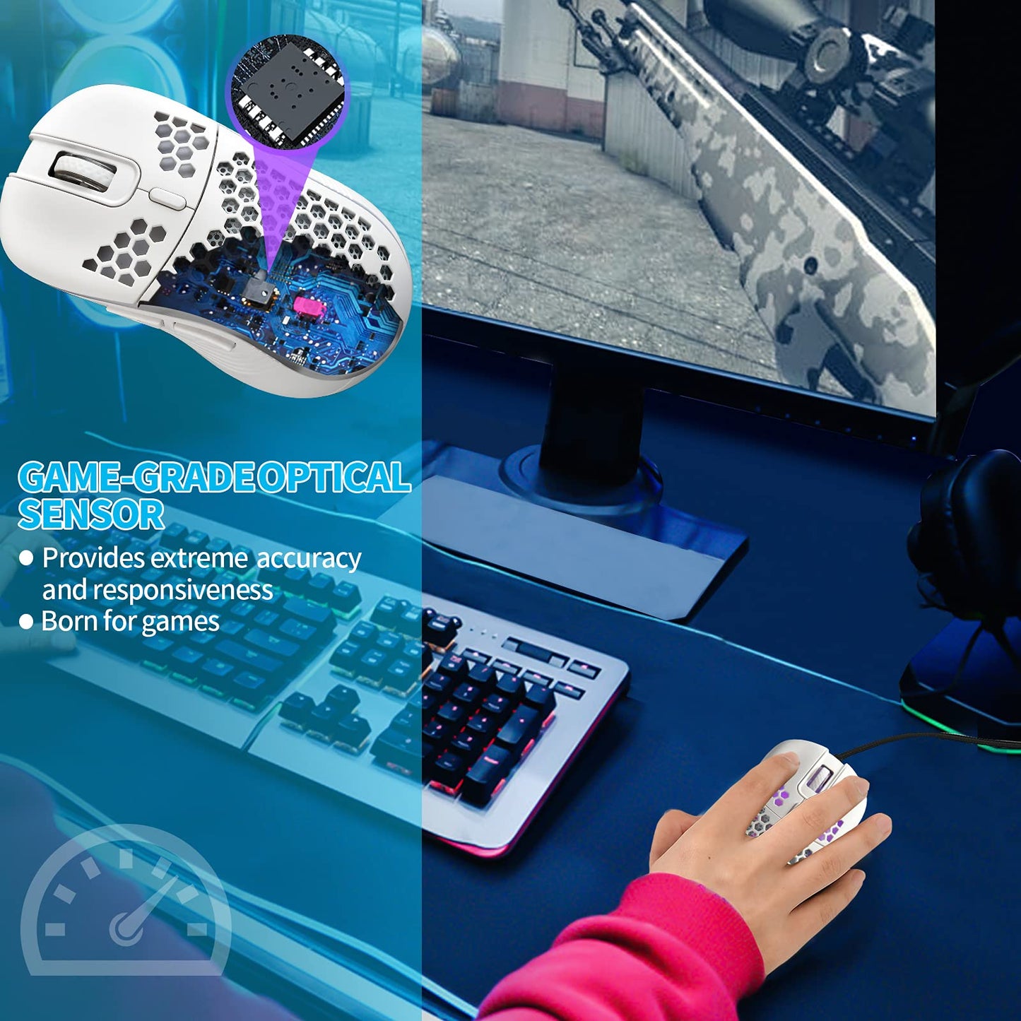 Techsea Honeycomb Wired Gaming Mouse, RGB Backlight, 7200 DPI, Ergonomic, Lightweight, Ceramic White