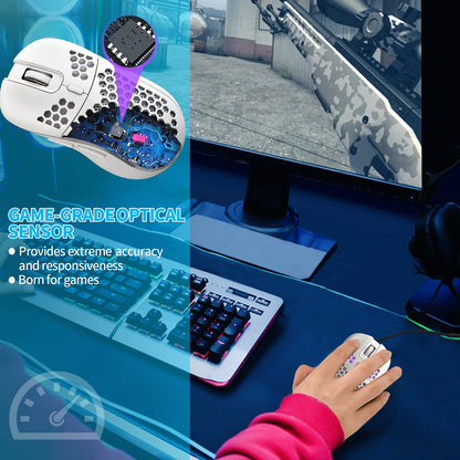 Techsea Honeycomb Wired Gaming Mouse, RGB Backlight, 7200 DPI, Ergonomic, Lightweight, Ceramic White