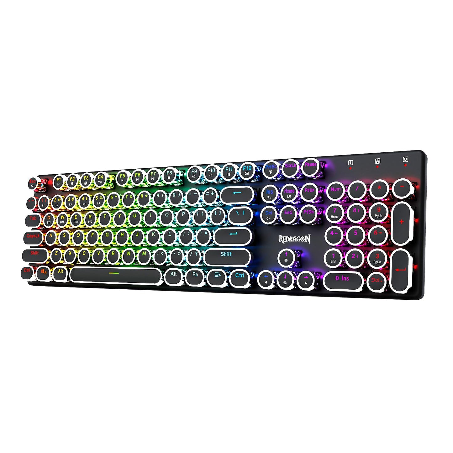 Redragon Typewriter Keyboard Wireless  Mechanical Gaming Keyboard  Bluetooth/2.4Ghz/Wired  RGB LED Backlit  Rechargeable  Blue Switch - Clicky  Solid Metal Panel  Round Keycaps  Black