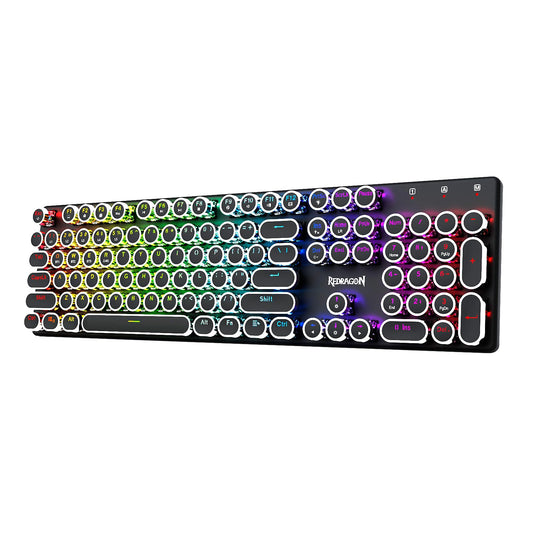 Redragon Typewriter Keyboard Wireless  Mechanical Gaming Keyboard  Bluetooth/2.4Ghz/Wired  RGB LED Backlit  Rechargeable  Blue Switch - Clicky  Solid Metal Panel  Round Keycaps  Black