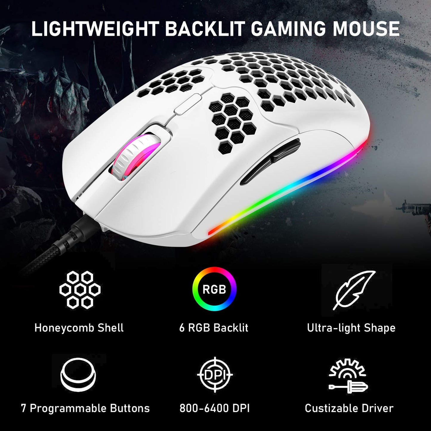 ZIYOU LANG Wired Gaming Mouse, 6 RGB Lights, 6400 DPI, Honeycomb Design, Ultraweave Cable, Lightweight, White