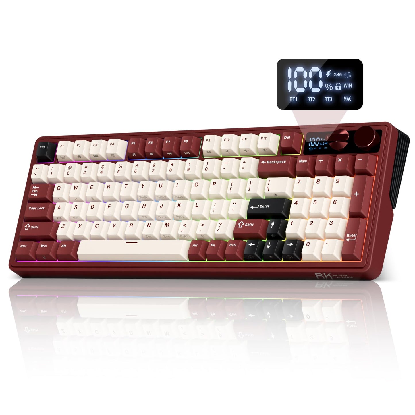 RK ROYAL KLUDGE M100 Wireless Mechanical Keyboard w/Screen & Dual Knobs  Tri-Mode Gasket Mount Gaming Keyboard with Number Pad  Hot Swappable Cream Switch  Red