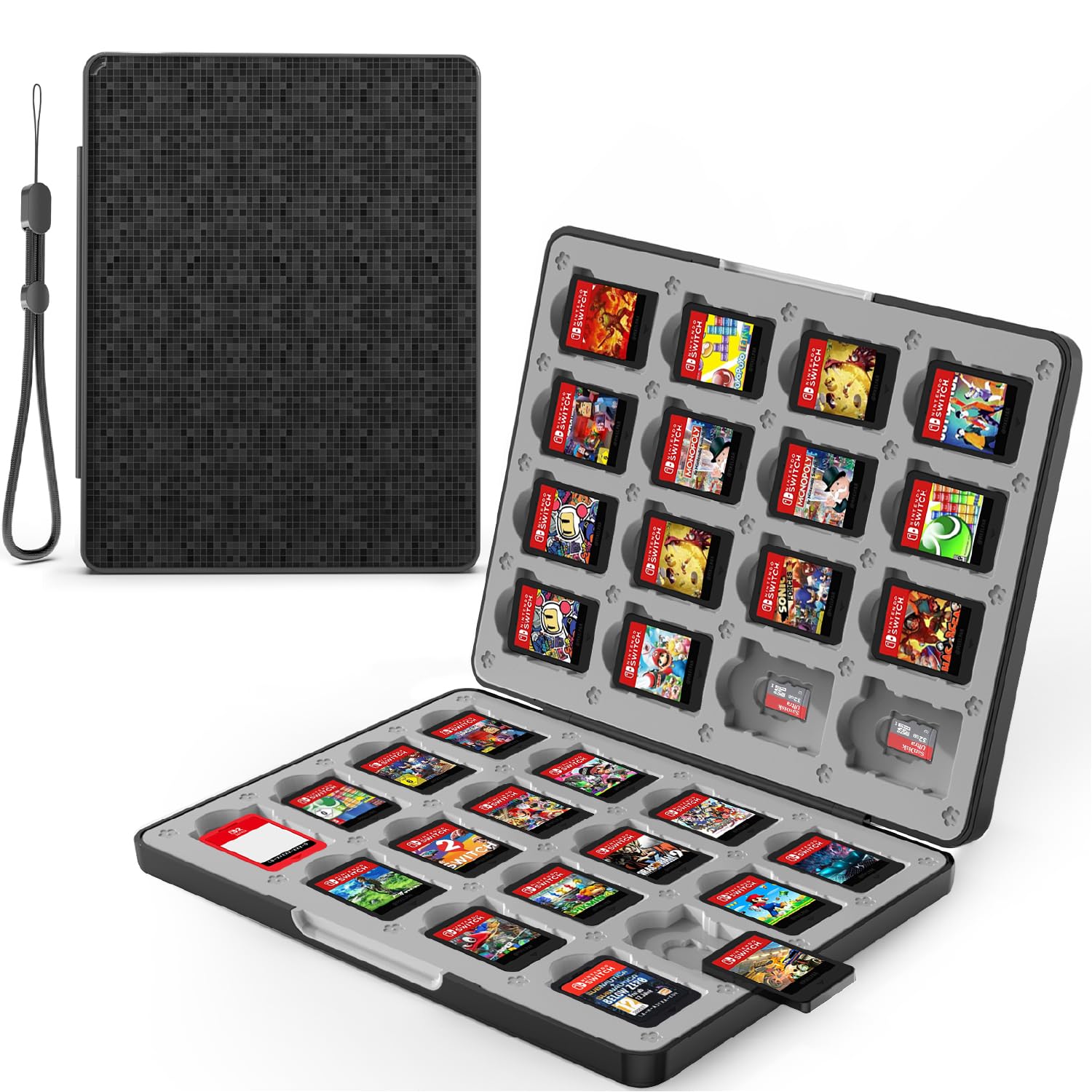 Fosmon Game Card Case for Nintendo Switch 2 / 1 / OLED / Lite  32 Games Cartridge Storage Holder with 32 Micro SD Card Slots  Magnetic Closure  Hard Shell  Silicone Lining  Black