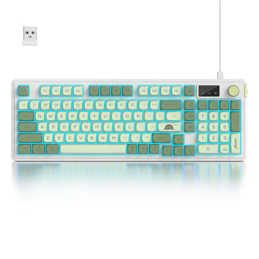 Fogruaden 96% Wireless Green Keyboard with Number Pad and Knob  Mechanical Feel  RGB Quiet Matcha Membrane Gaming Keyboard  Spill-Resistant  3-Modes USB Rechargeable Silent Creamy Keyboard for Win/Mac