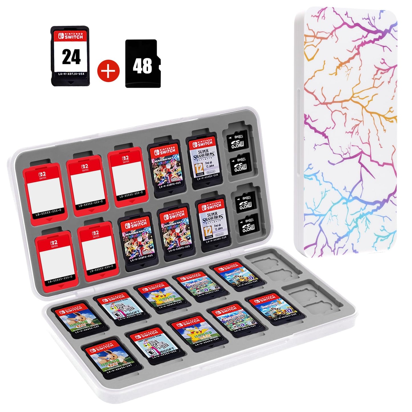 FYY Nintendo Switch Game Case Holder for Switch 2 refill unit Case with 24 Game Card sections & 48 Micro SD Card sections  Hard Shell  Silicone Lining Lightning White