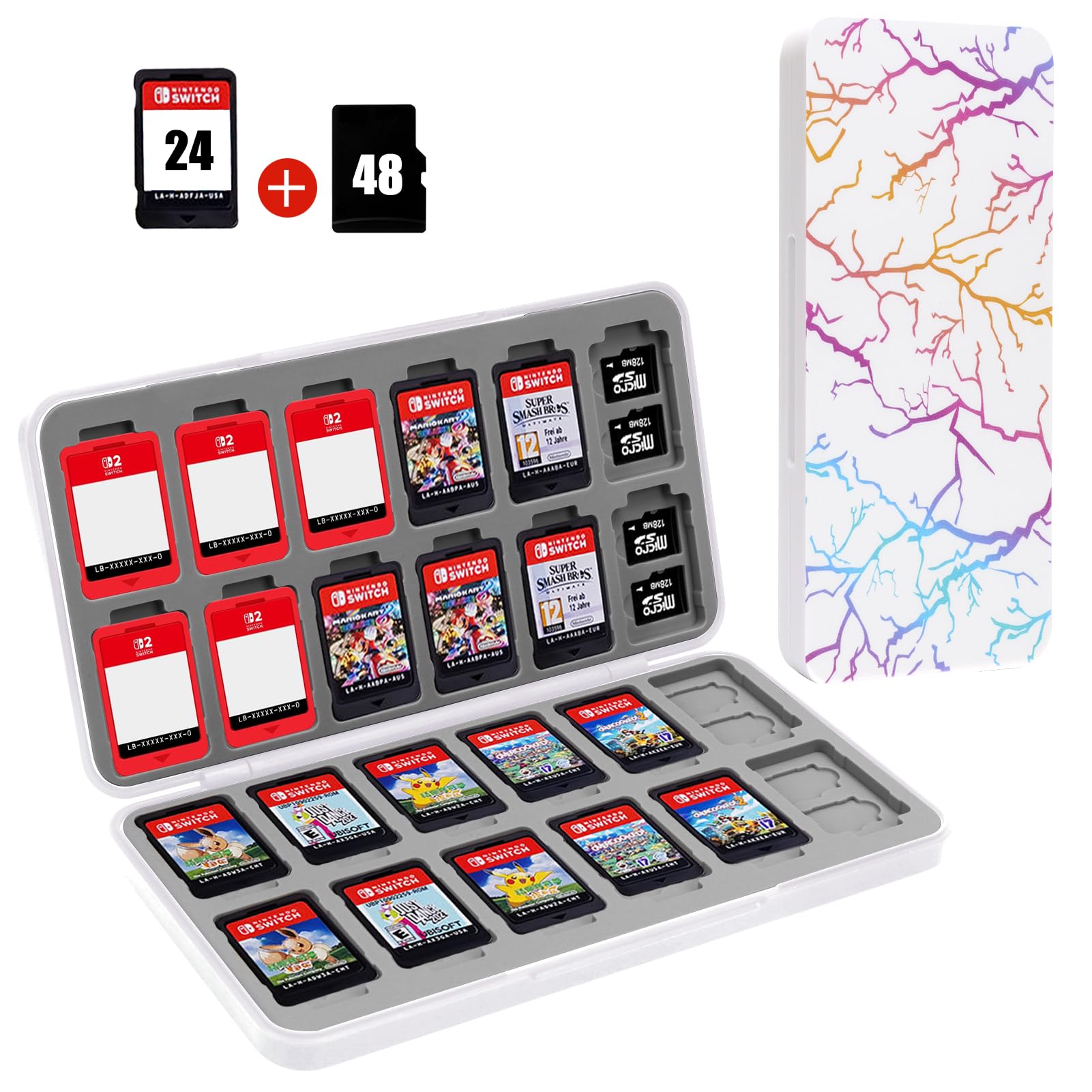 FYY Nintendo Switch Game Case Holder for Switch 2 refill unit Case with 24 Game Card sections & 48 Micro SD Card sections  Hard Shell  Silicone Lining Lightning White