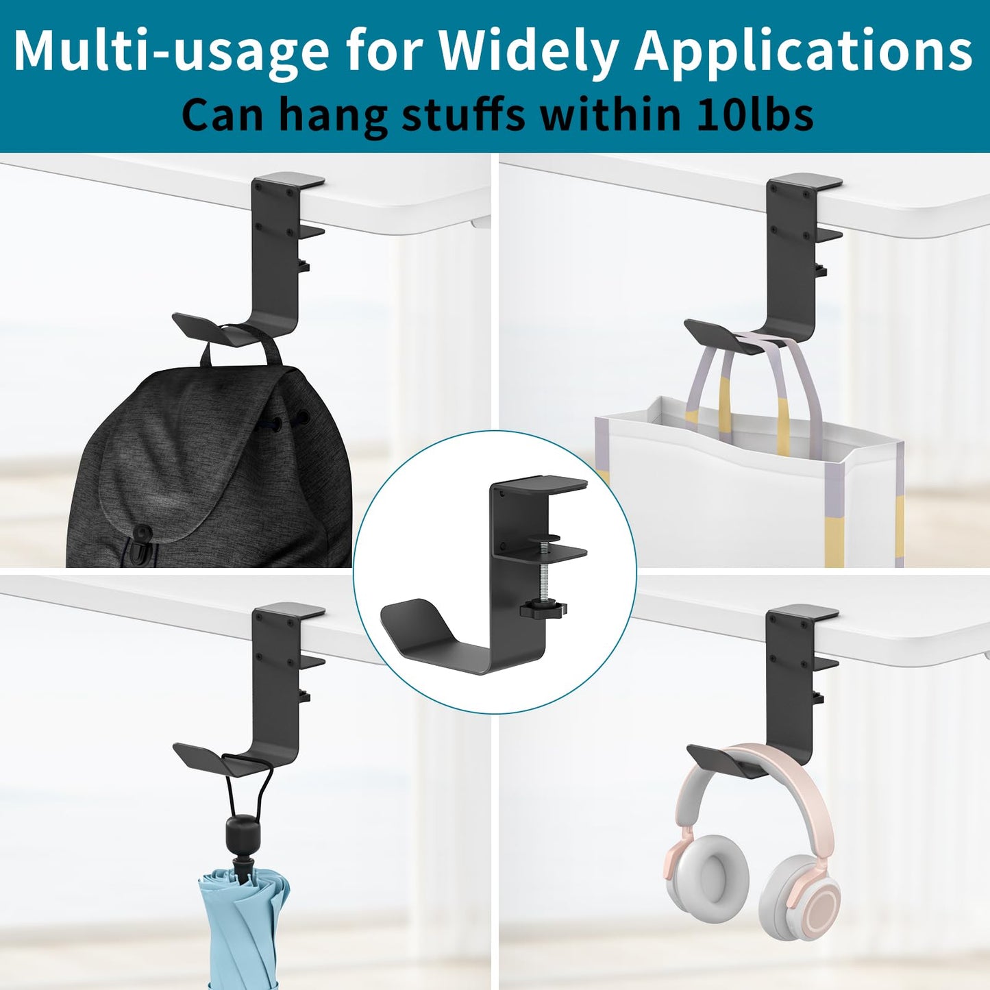 Hztprm Clamp-On Under Desk Headphone Holder - Black Glass Hanger for Headsets & Bags