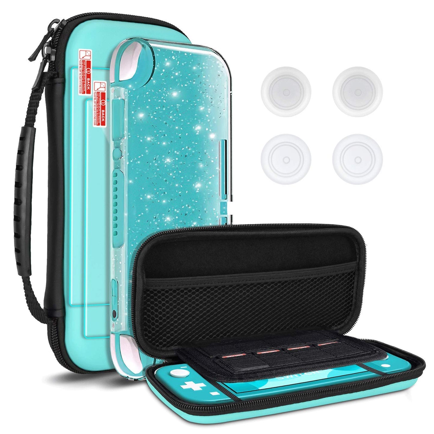 DLseego Carrying Case for Switch lite  Newest Design Portable Travel Carrying Case 4 in 1 Accessories Kit with 1 Pcs Glitter case  2 Pcs Screen Protectors and 4 PcsThumb Grips Caps -- Green