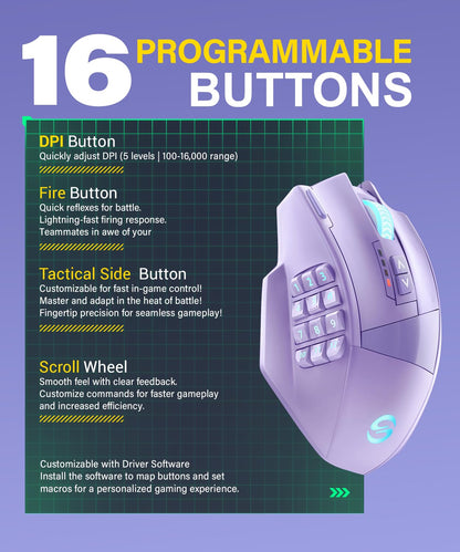 UtechSmart Venus Pro Wireless MMO Gaming Mouse - 16,000 DPI, 16 Programmable Buttons, Ergonomic Design, Purple
