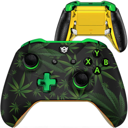 HEXGAMING BLADE Wireless Controller for Xbox Series X & S  for Xbox One  and for Windows 7/8/10-2 Remappable Back Buttons - Triggers Stop - Interchangeable Thumbsticks - Weeds Chrome Green Labeled