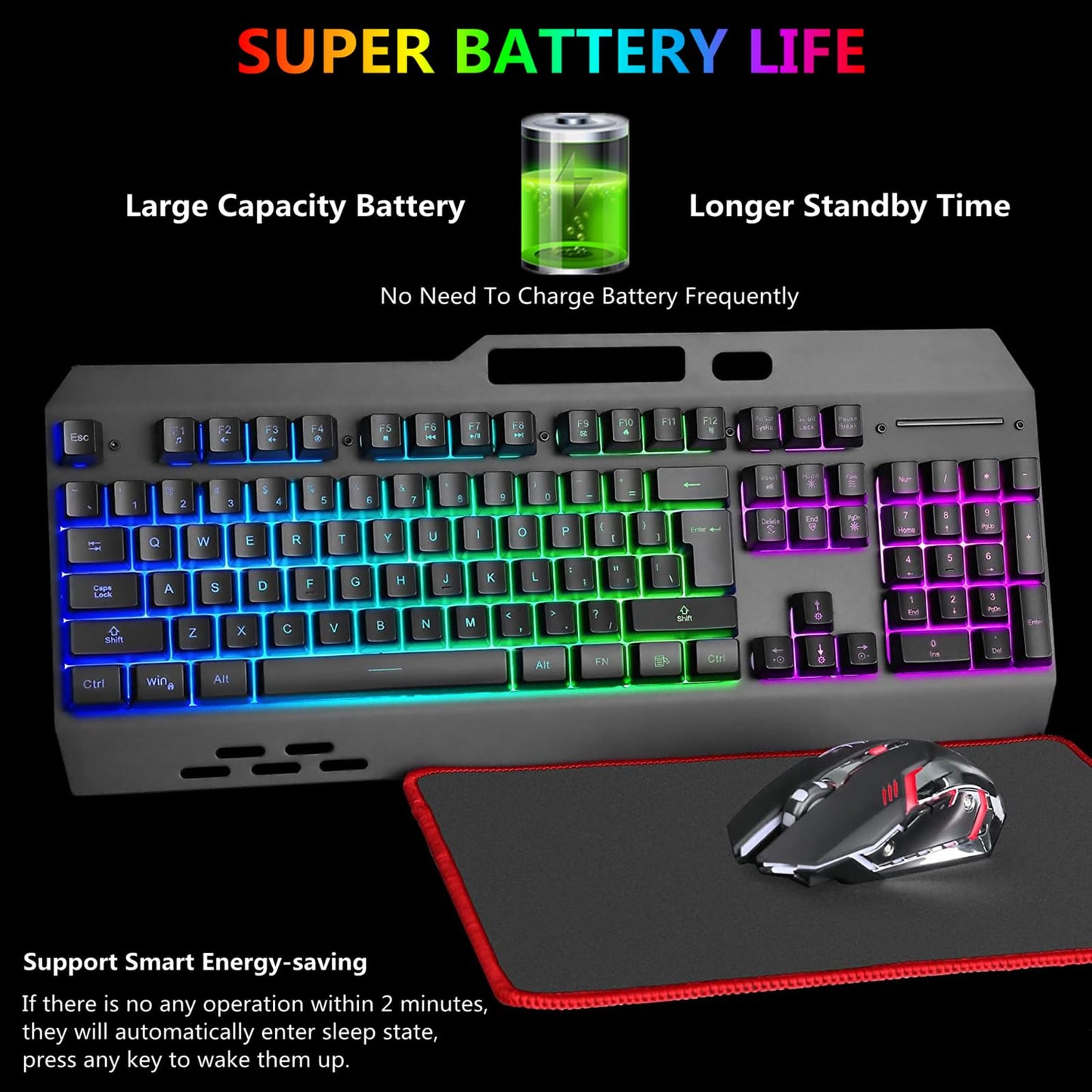 Cakce Wireless RGB Gaming Keyboard and Mouse - Rechargeable, Metal Panel, Black, 7 Colors, Long Battery Life, Includes Mouse Pad