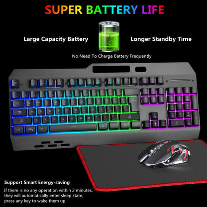 Cakce Wireless RGB Gaming Keyboard and Mouse - Rechargeable, Metal Panel, Black, 7 Colors, Long Battery Life, Includes Mouse Pad