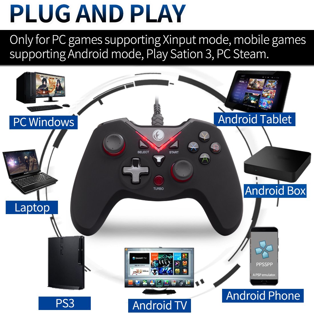 IFYOO V-one Wired USB Gaming Controller for PC, Steam, Android & PS3 - Red, Model IFYOO-V108