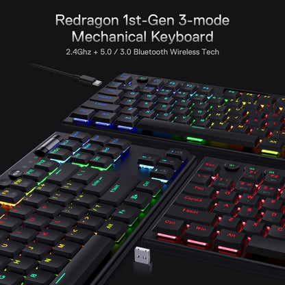 Redragon K621 TKL Wireless RGB Mechanical Keyboard - Black, 80% Ultra-Thin, Low Profile, Linear Red Switches, Dedicated Media Control