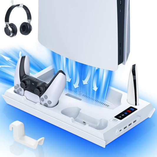 Paobas Cooling Station for PS5 with Dual Controller Charging Station  Stand for PS5 Slim Console  Headset Holder  4 USB Hub & USB-C Port - All-in-One Accessories Organizer  White