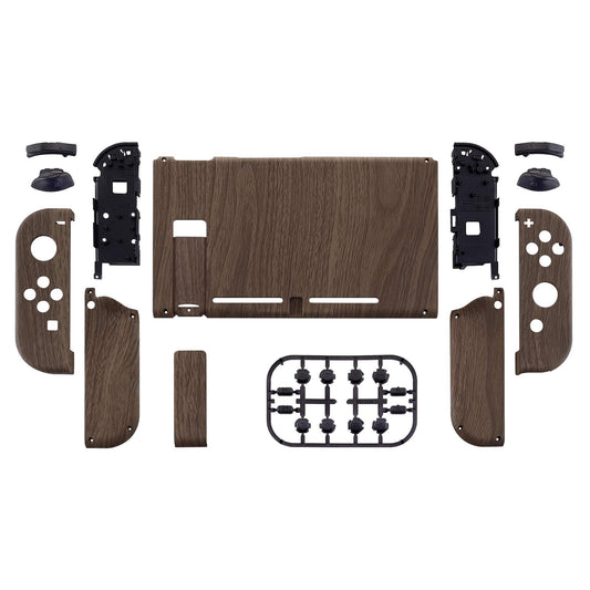 eXtremeRate DIY Replacement Shell Buttons for Nintendo Switch - Soft Touch Back Plate, Full Set, Wood Grain, Model QS201