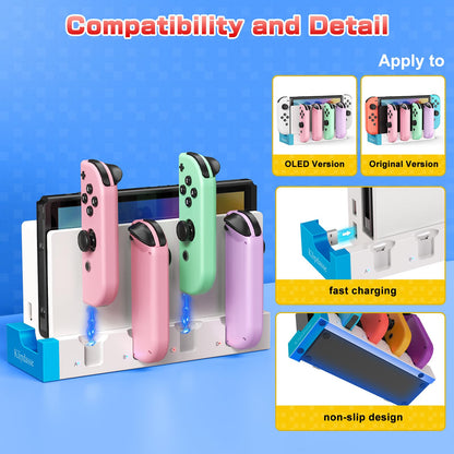 Klipdasse Charging Dock for Nintendo Switch & OLED Model – LED Indicator, Charges 4 Joycons, Blue-White, Model NT170DW