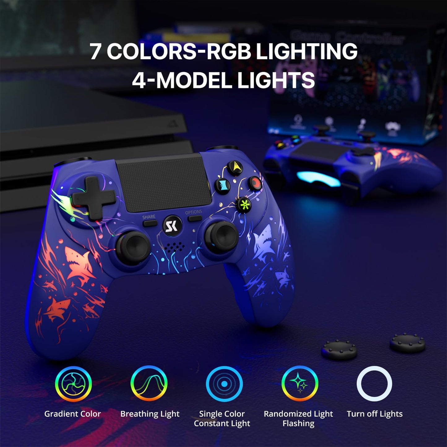 ISHAKO Wireless Controller for PS4 - Light-up Joystick with RGB, 1000mAh Battery, 3.5mm Audio Jack - Purple, 1 Pack