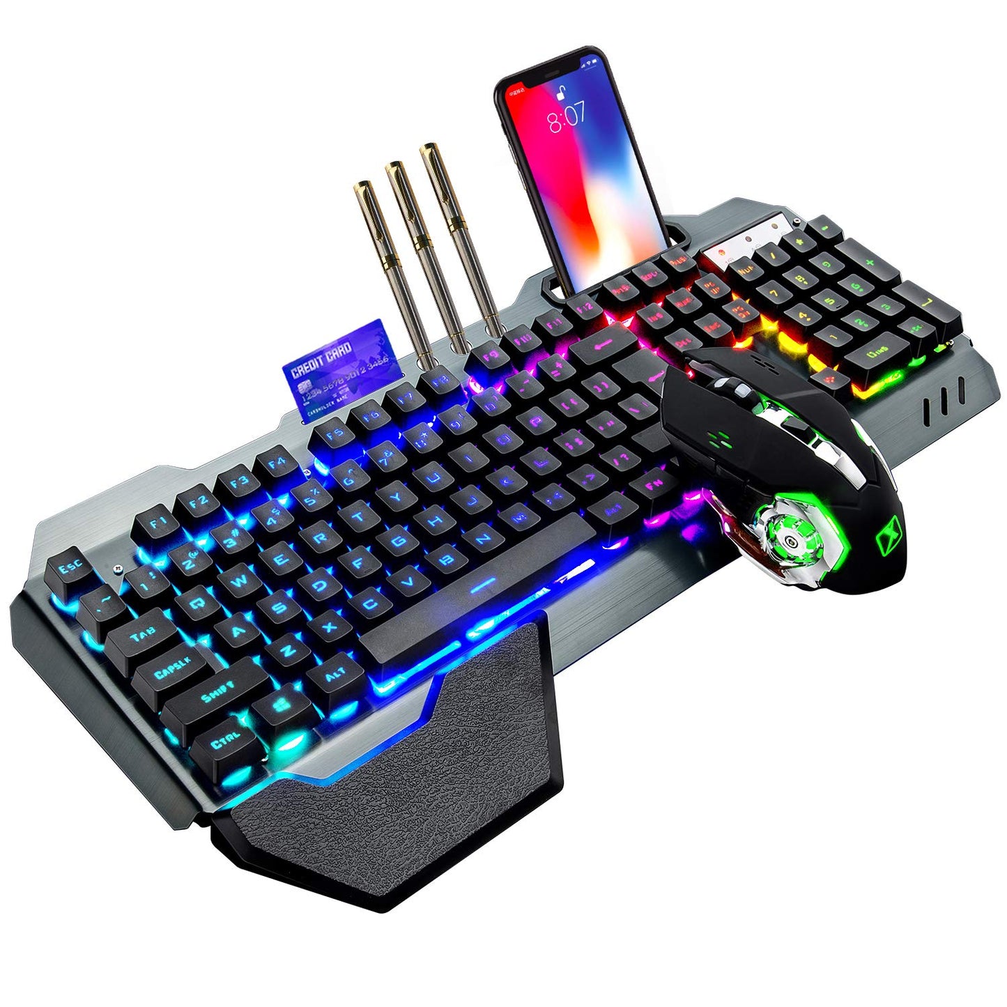 Wireless Gaming Keyboard and Mouse RGB Backlit Rechargeable Keyboard Mouse with 5000mAh Battery Metal Panel Removable Hand Rest Mechanical Feel Keyboard and 7 Color Gaming Mute Mouse for PC Gamer