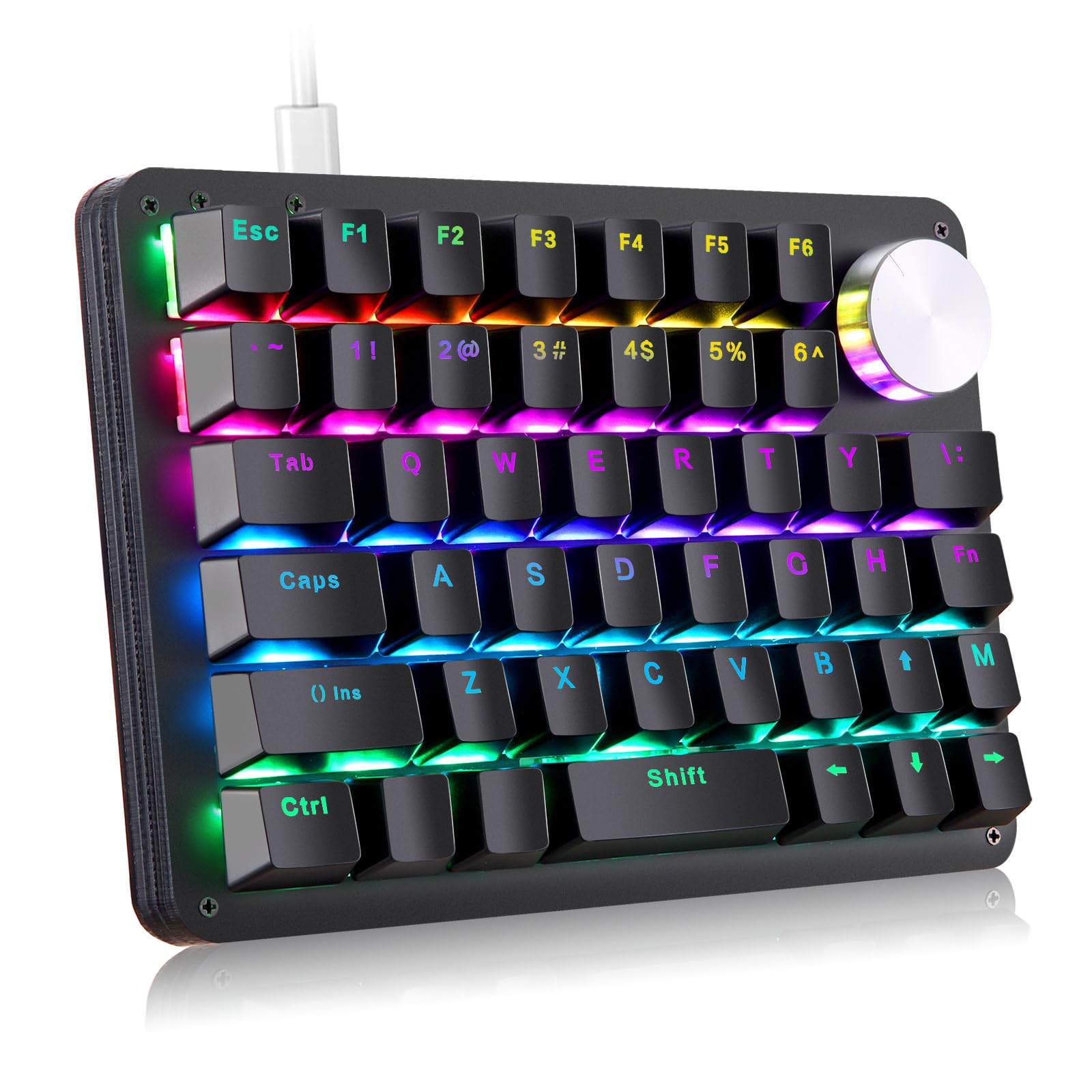 Koolertron One Handed Mechanical Gaming Keyboard  45-Key Fully Programmable Mini Keypad  Mini USB Macro Keyboard with Rotating Knob  RGB Backlit Red Switches  for Windows PC Gamers