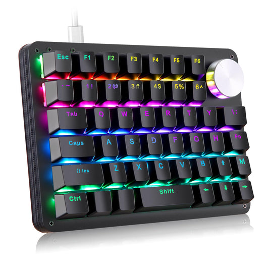 Koolertron One Handed Mechanical Gaming Keyboard  45-Key Fully Programmable Mini Keypad  Mini USB Macro Keyboard with Rotating Knob  RGB Backlit Red Switches  for Windows PC Gamers