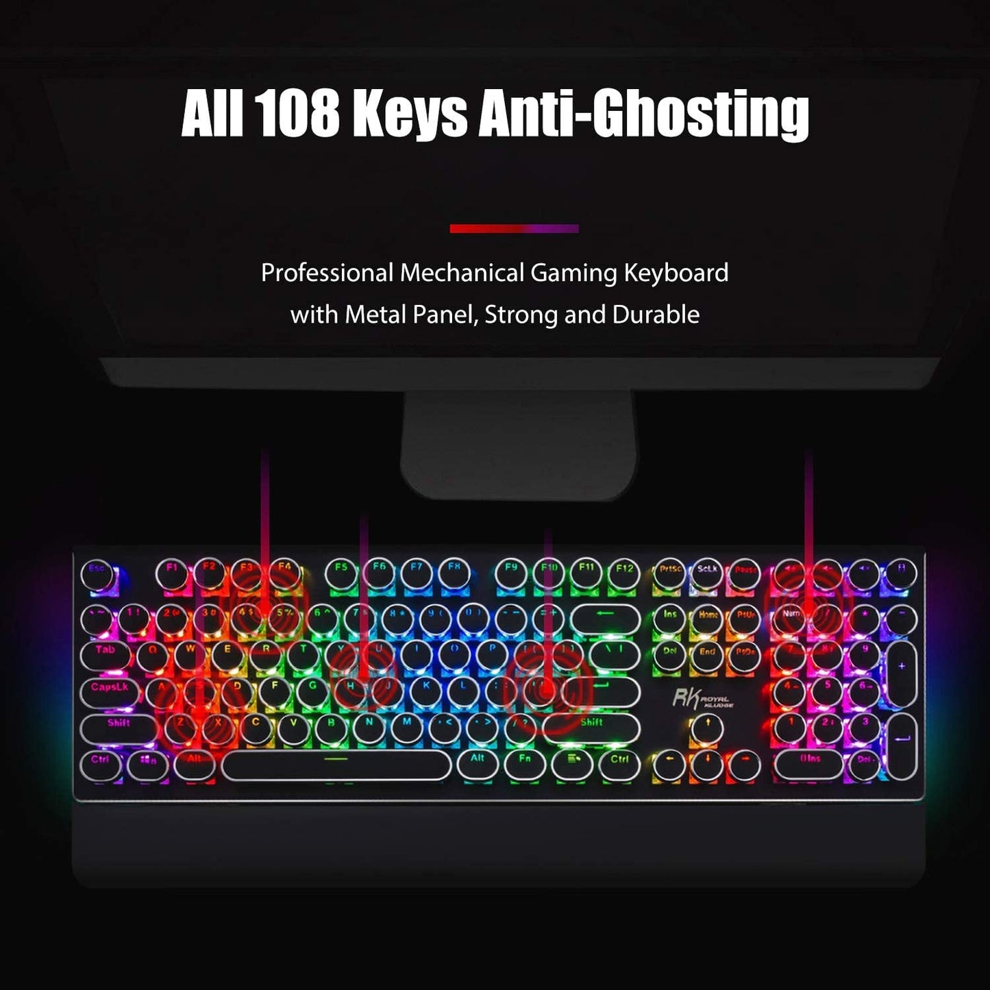 RK ROYAL KLUDGE S108 Retro Mechanical Keyboard, Wired 108 Keys, RGB Backlit, Blue Switches, Black with Detachable Wrist Rest