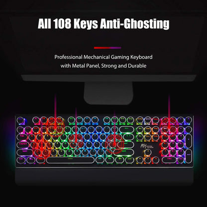 RK ROYAL KLUDGE S108 Retro Mechanical Keyboard, Wired 108 Keys, RGB Backlit, Blue Switches, Black with Detachable Wrist Rest