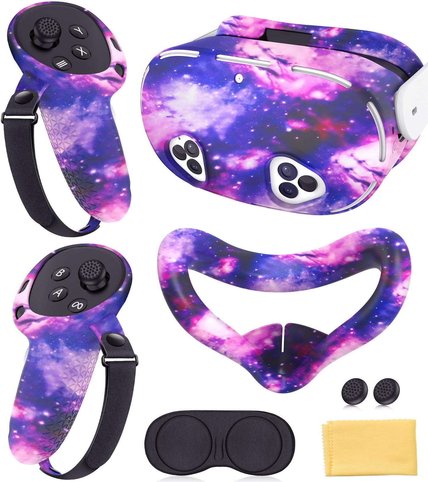 Silicone Cover Set Compatible with Meta Quest 3S Accessories  VR Protector Face Cover  Controller Grips  Front Shell Headset and Lens Protective (Starry Sky Purple)