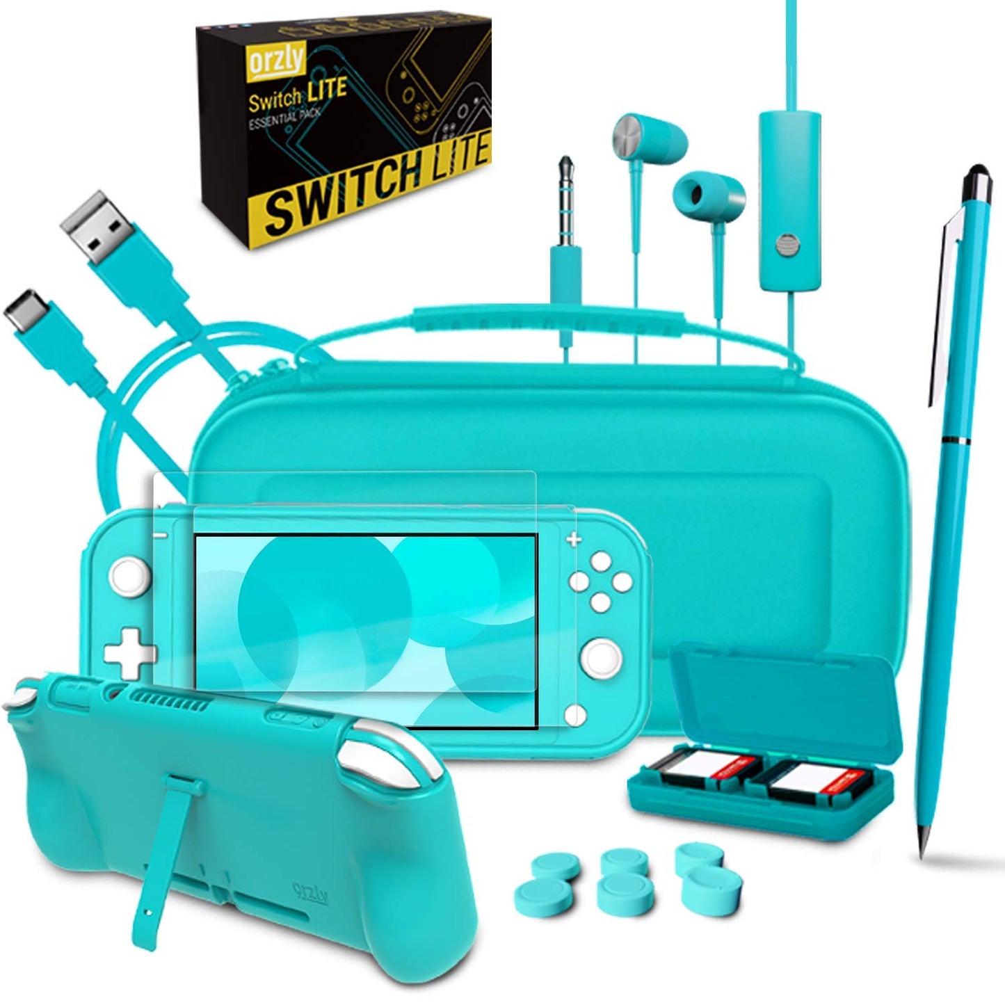 Orzly Switch Lite Accessories Bundle - Case, Screen Protector, USB Cable, Grip Case, Turquoise Blue