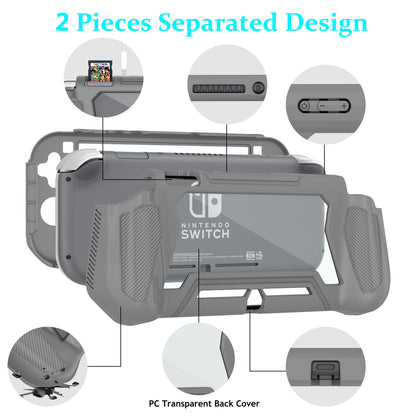 Kailfee Protective Case for Nintendo Switch Lite - TPU Shock-Absorption, Anti-Scratch, Gray with Built-in Screen Protector & Thumb Grip Caps