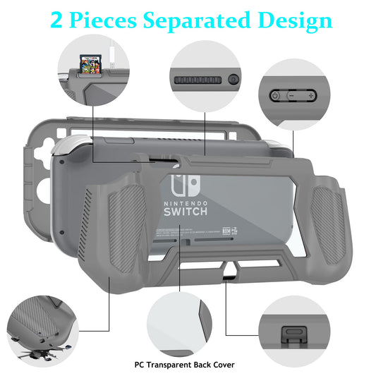 Kailfee Protective Case for Nintendo Switch Lite - TPU Shock-Absorption, Anti-Scratch, Gray with Built-in Screen Protector & Thumb Grip Caps