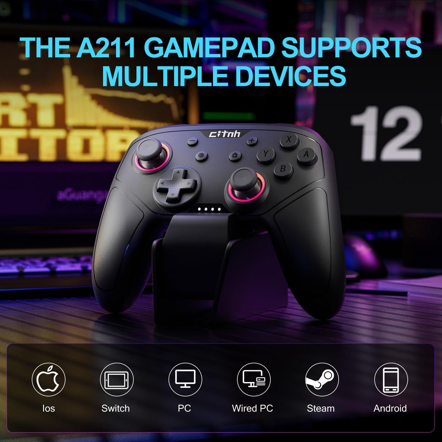 linhugame Wireless Controller for Switch, Hall Effect Joysticks, 6-Axis Gyro, Turbo, 1000mAh Battery, Black, Model A211
