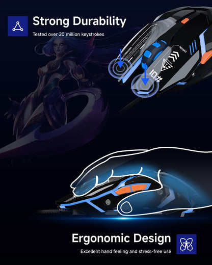 SEUNKWANG G10 Wired Gaming Mouse - RGB Backlit, 3200 DPI, Ergonomic, Quiet Clicks, Black & Orange, 6 Buttons, 4.2FT Cord