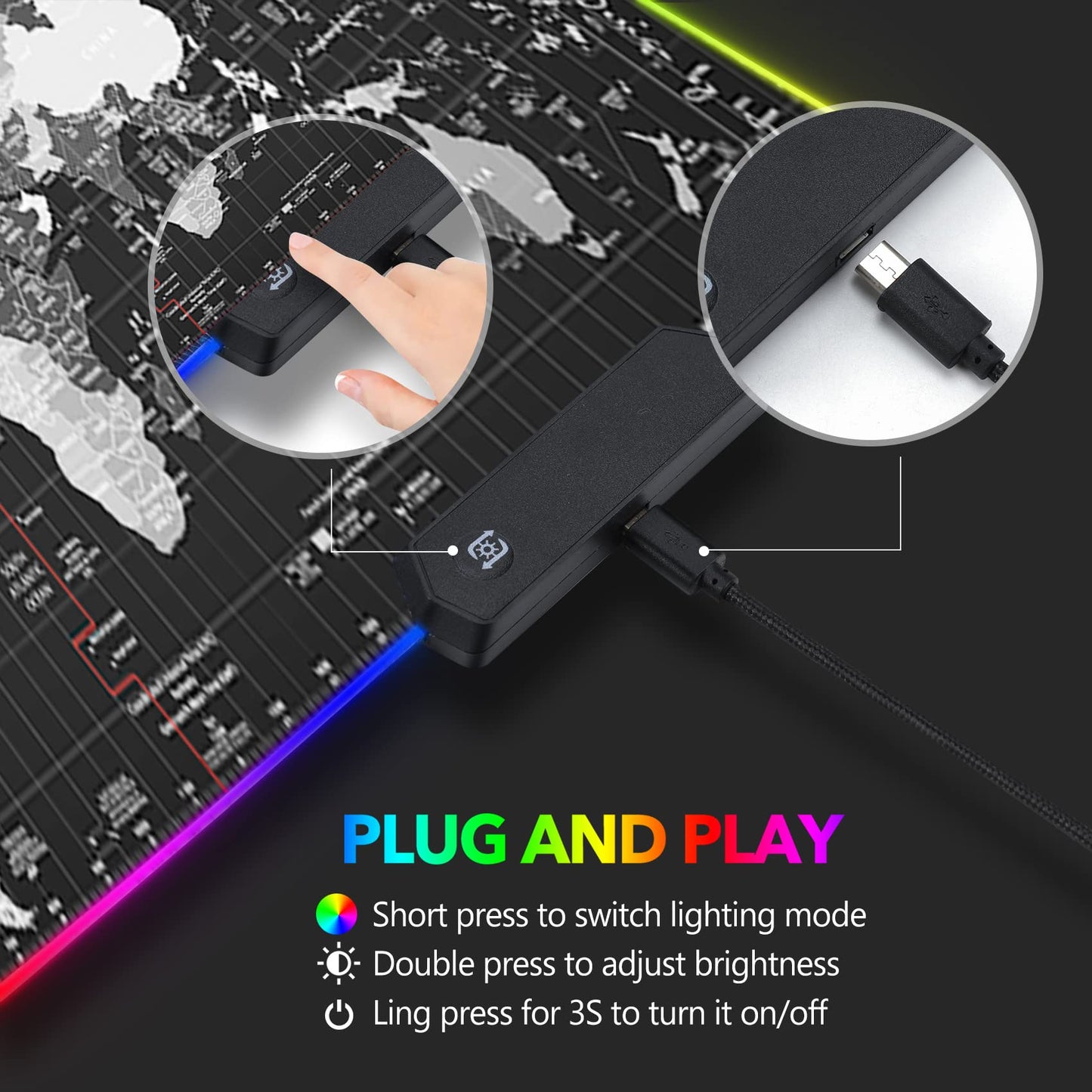 AIMSA RGB Gaming Mouse Pad - Large 35.4"x15.8", Non-Slip Rubber Base, 14 Lighting Modes, Waterproof, Black World Map Design