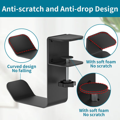 Hztprm Clamp-On Under Desk Headphone Holder - Black Glass Hanger for Headsets & Bags