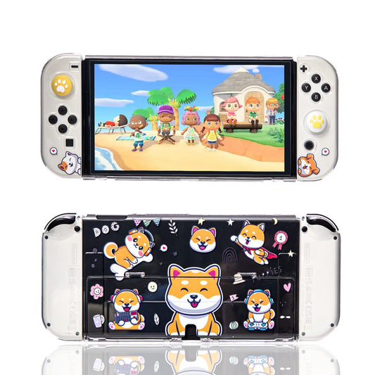 NANANINO Switch OLED Hard Shell Case - Cute Dog Pattern, Includes Paw Grips & Screen Protector, Clear, Model NN-25-Dog