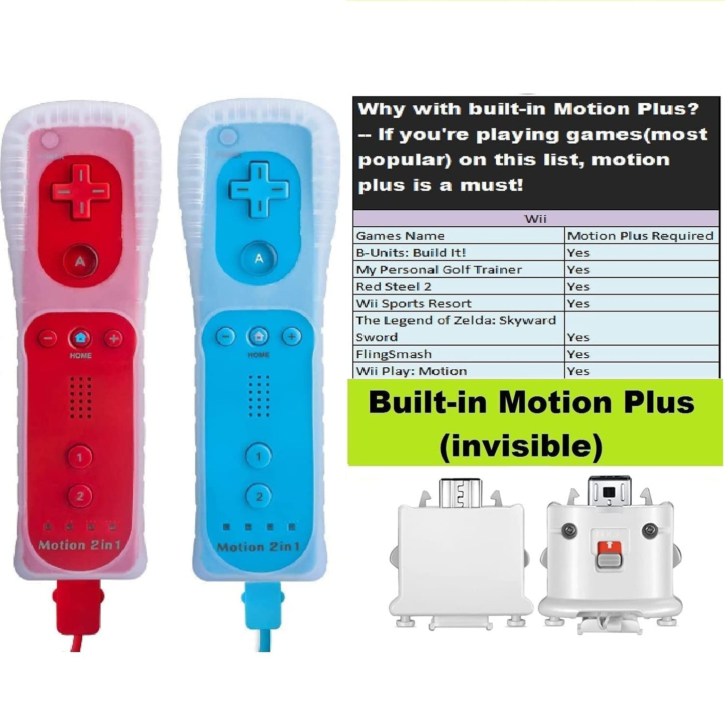 TechKen Wii Controller Set of 2 with Nunchuck - Red & Blue, Wii Accessories
