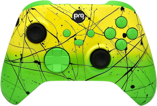 Hand Airbrushed Fade Custom Controller Compatible with Xbox Series X/S & Xbox One (Series X/S Yellow & Green W/Green Inserts)