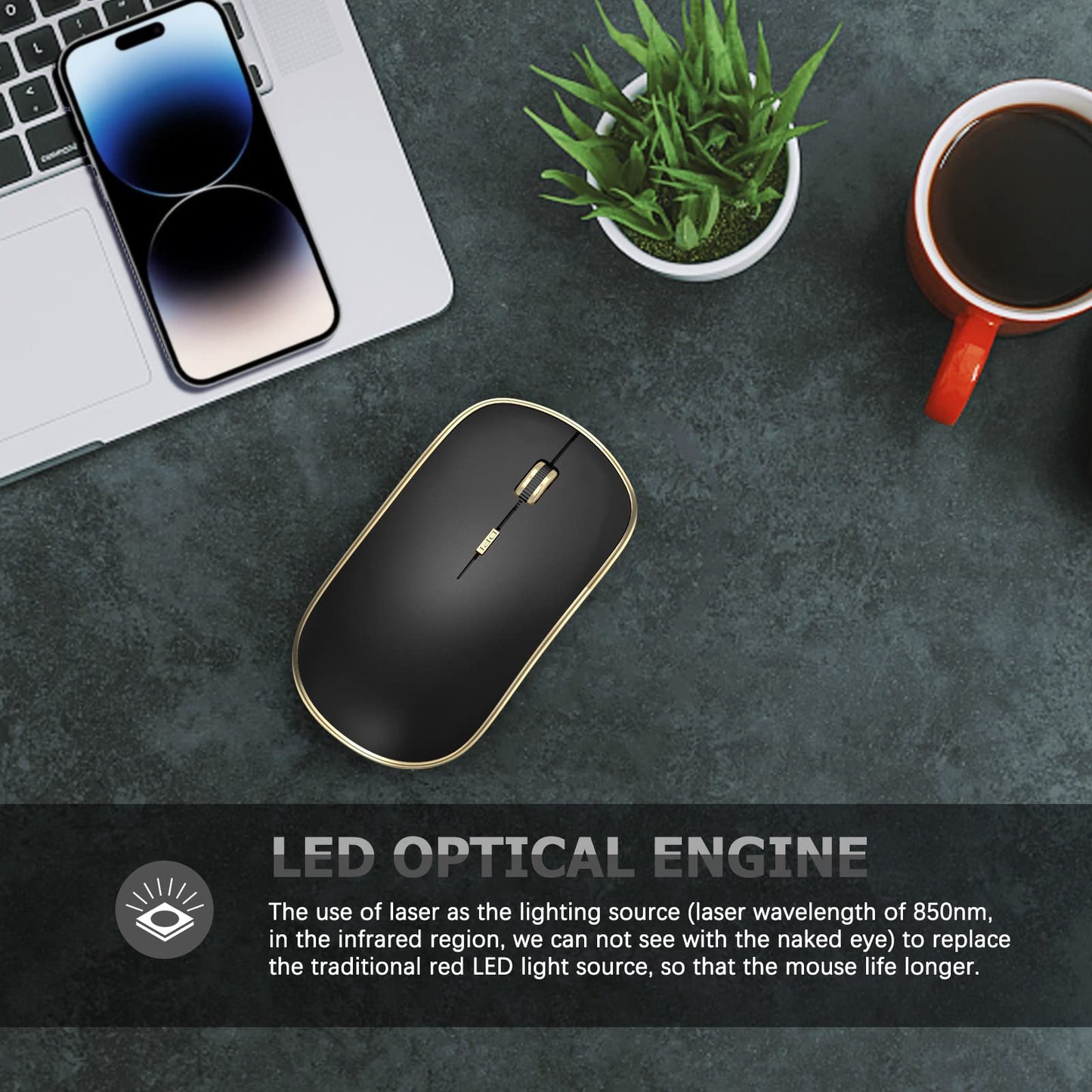 JOYACCESS Wireless Mouse JMS102BG, Portable 5 DPI Levels, Black Gold, USB for Desktop, Notebook, MacBook, Chromebook, PC