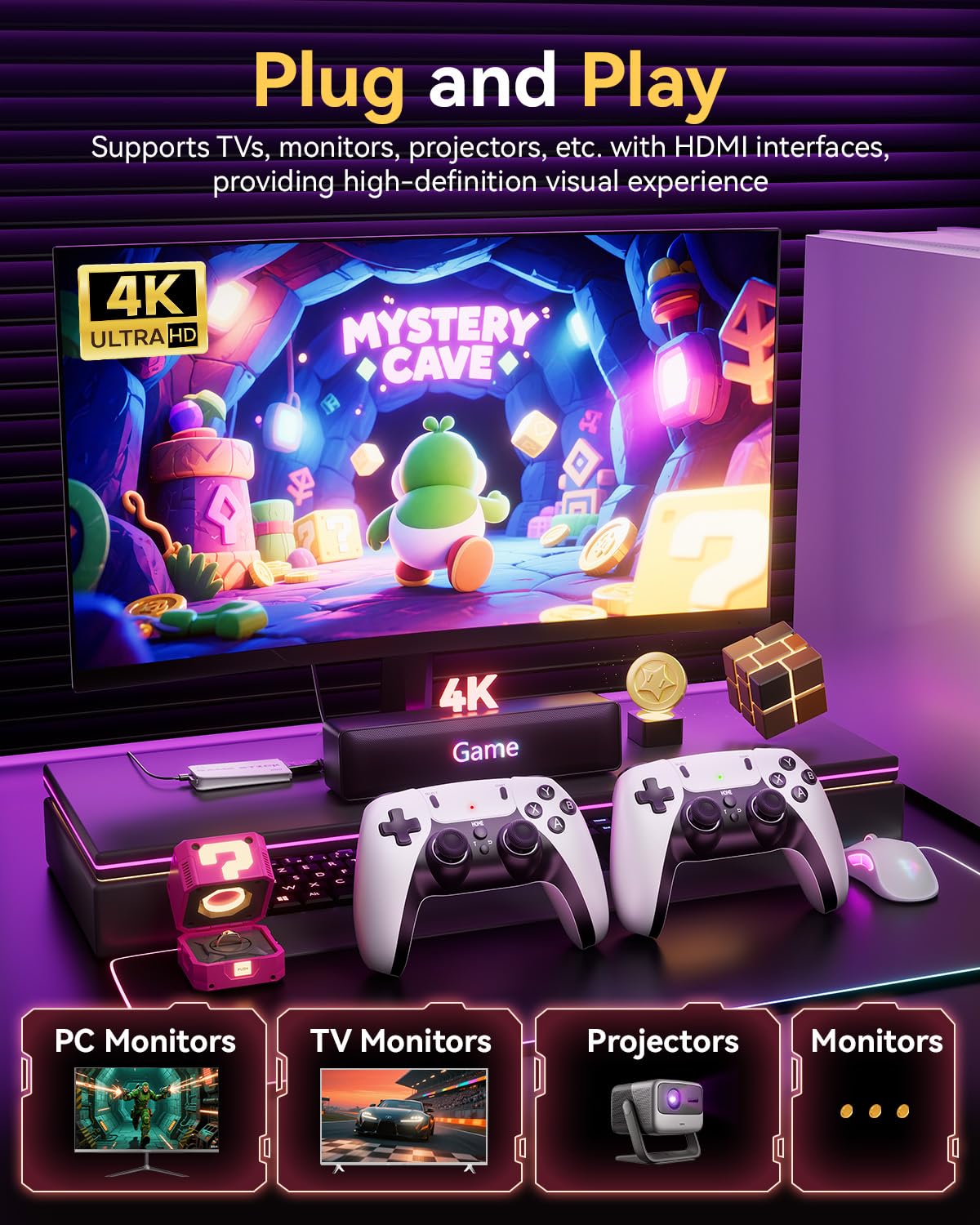 RMOKA Retro Gaming Console HQM15B, 20,000+ Built-in Games, 4K HD, 2 Wireless Controllers, White