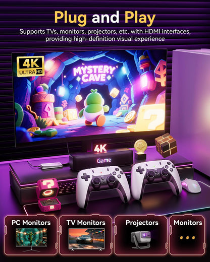 RMOKA Retro Gaming Console HQM15B, 20,000+ Built-in Games, 4K HD, 2 Wireless Controllers, White
