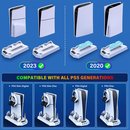 JAVRUNWOF PS5 Cooling Station & Controller Charger - White, Includes Fan, 3 USB Hubs, Headset Holder, Compatible with PS5 Slim/Pro