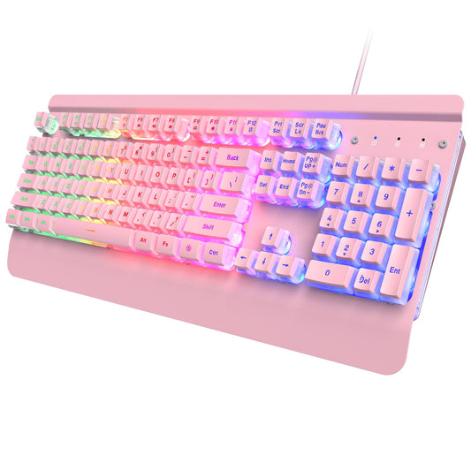 Pink Creamy Keyboard  104 Keys All-Metal Panel  Rainbow LED Backlit Silent Gaming Keyboard  Wrist Rest  PBT Keycap  Anti-ghosting Keys  Light Up USB Wired Computer Keyboard for PC