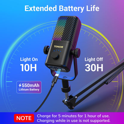 TONOR Gaming Mic TCX3+ - RGB Streaming Boom Mic, 30H Battery, Low Noise, One Tap Mute, Black, 16.14x5.67x5.04