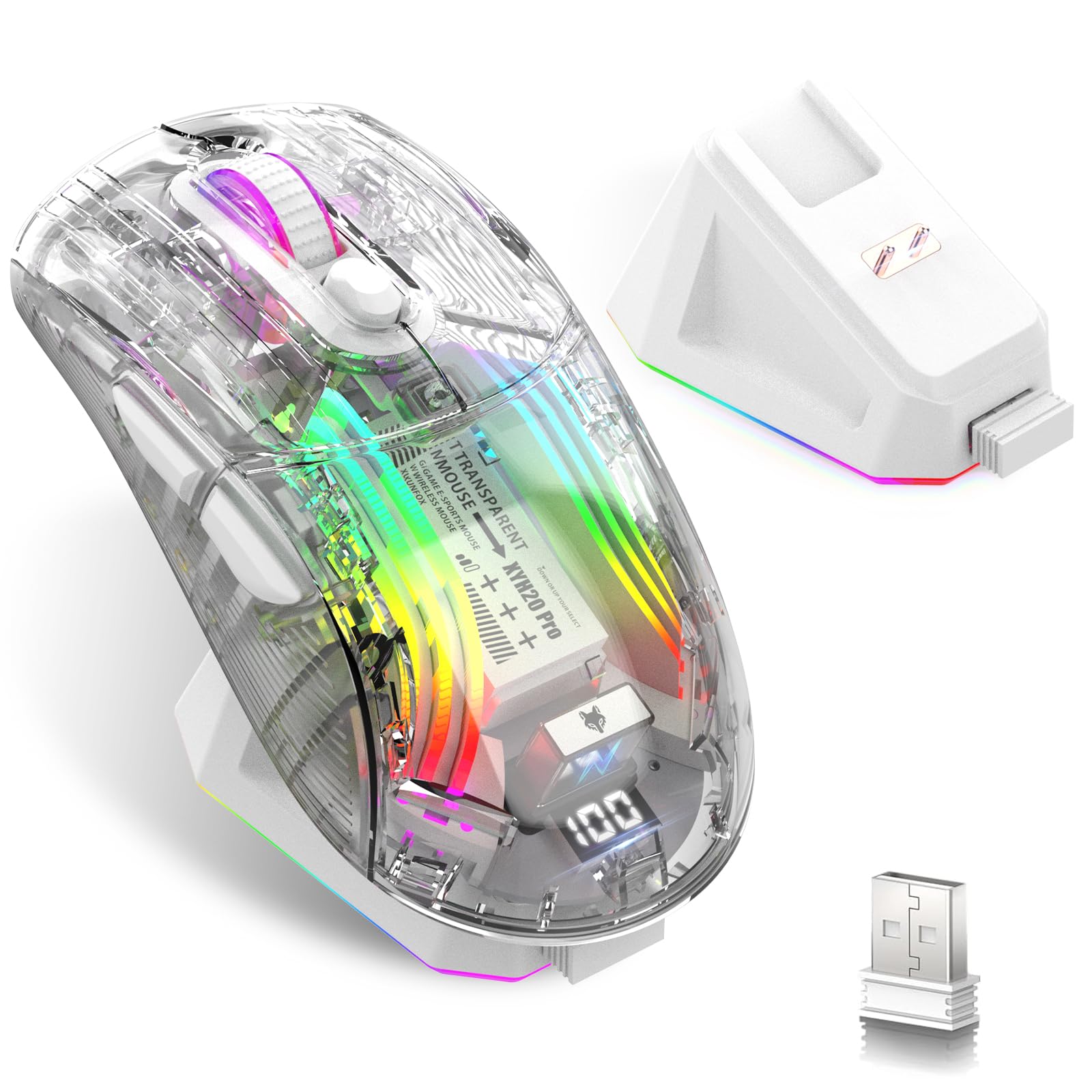 Wireless Gaming Mouse with Transparent RGB Mechanical  Tri-Mode 2.4GHz/Bluetooth/Wired Mouse  Charging Base  Digital Display Silent Mice  7 Buttons  Computer Mouse for Gaming and Esports (White)