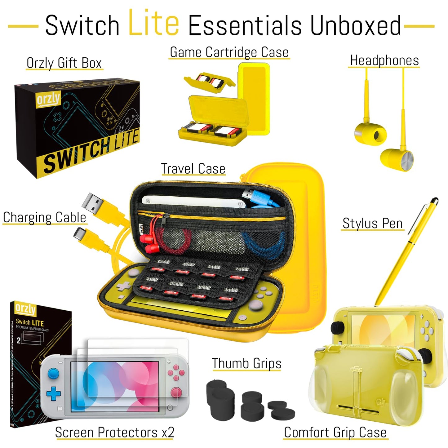 Orzly Switch Lite Accessories Bundle - Yellow Case, Screen Protector, USB Cable, Games Holder & More (Model: ORZACCPACK2NSWLITEYLLW)