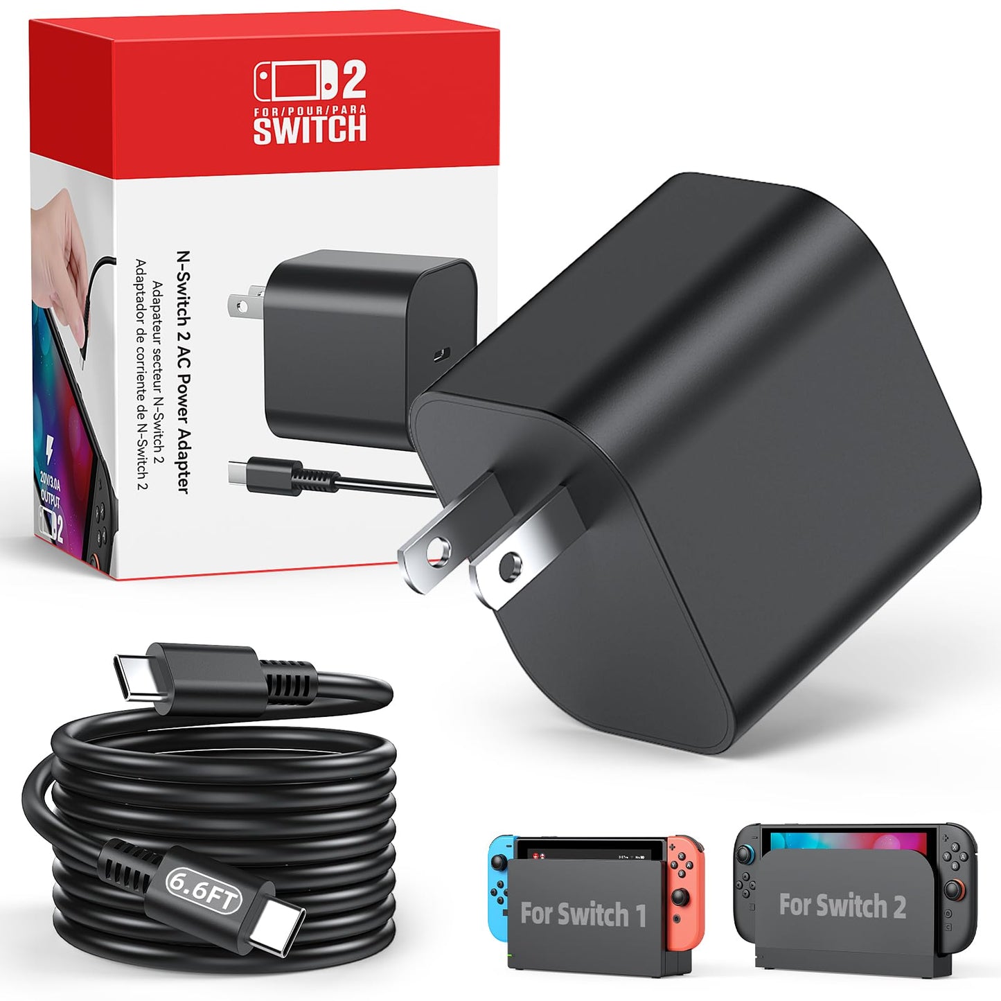 Switch 2 Charger with 6.6FT(2M) Charging Cable - 60W AC Power Adapter Support 4K TV Dock Mode  Power Supply 20V/3A for Nintendo Switch/OLED/Lite&Steam Deck X-box360 Console - Original Quality (6.6FT)