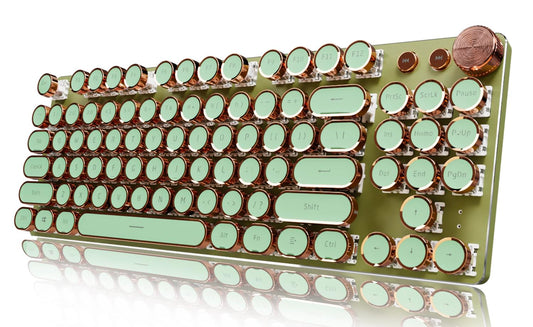 EWEADN V20 Green Typewriter Keyboard 87 Keys Backlit Typewriter Style Mechanical Keyboards  Media Control Knob  Wired/BT5.0/2.4G Typewriter Style Computer Keyboards Pink Switch for Windows/Mac/PC