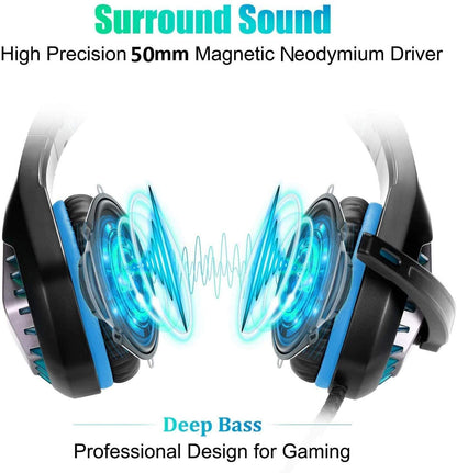 BUTFULAKE Gaming Headset - Noise Cancelling Over Ear Headphones with Mic, Bass Surround, Blue, Compatible with PS4, Xbox One, PC, PS5, Nintendo Switch